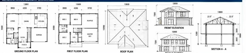 Floor plans, roof plan & elevations